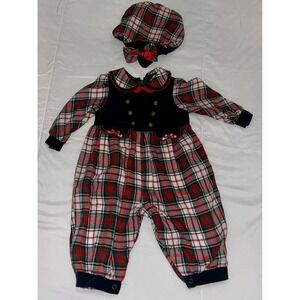 Vintage Baby Holiday Plaid Romper Girls 12 Month Red Collar Christmas W/ Bonnet